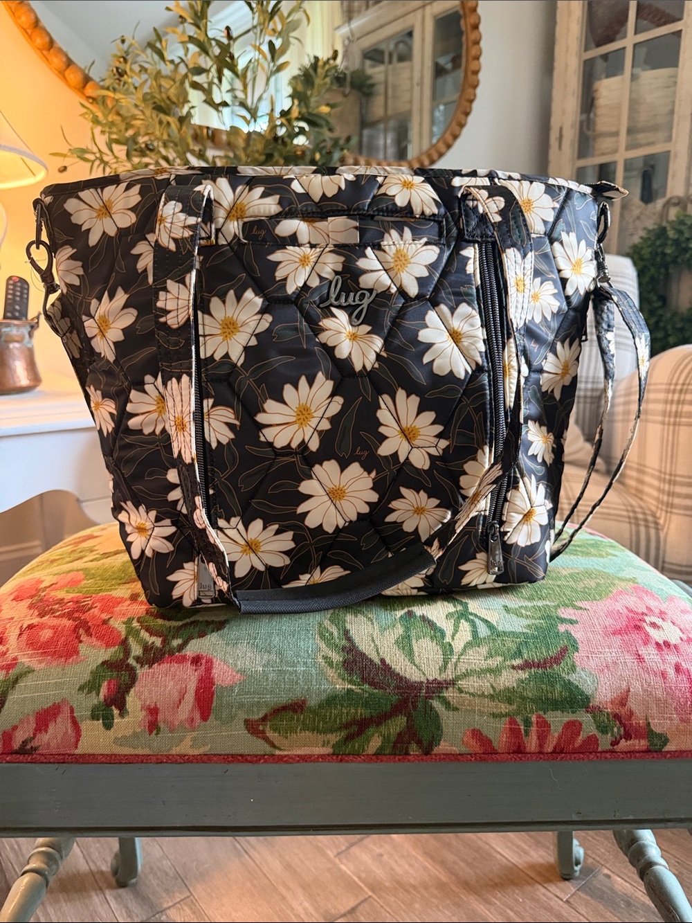 lug Black Tote with White and Yellow Floral Print